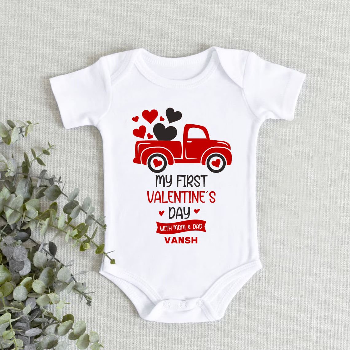 Baby first Valentine outfit customized printed outfit, Valentine baby onesie