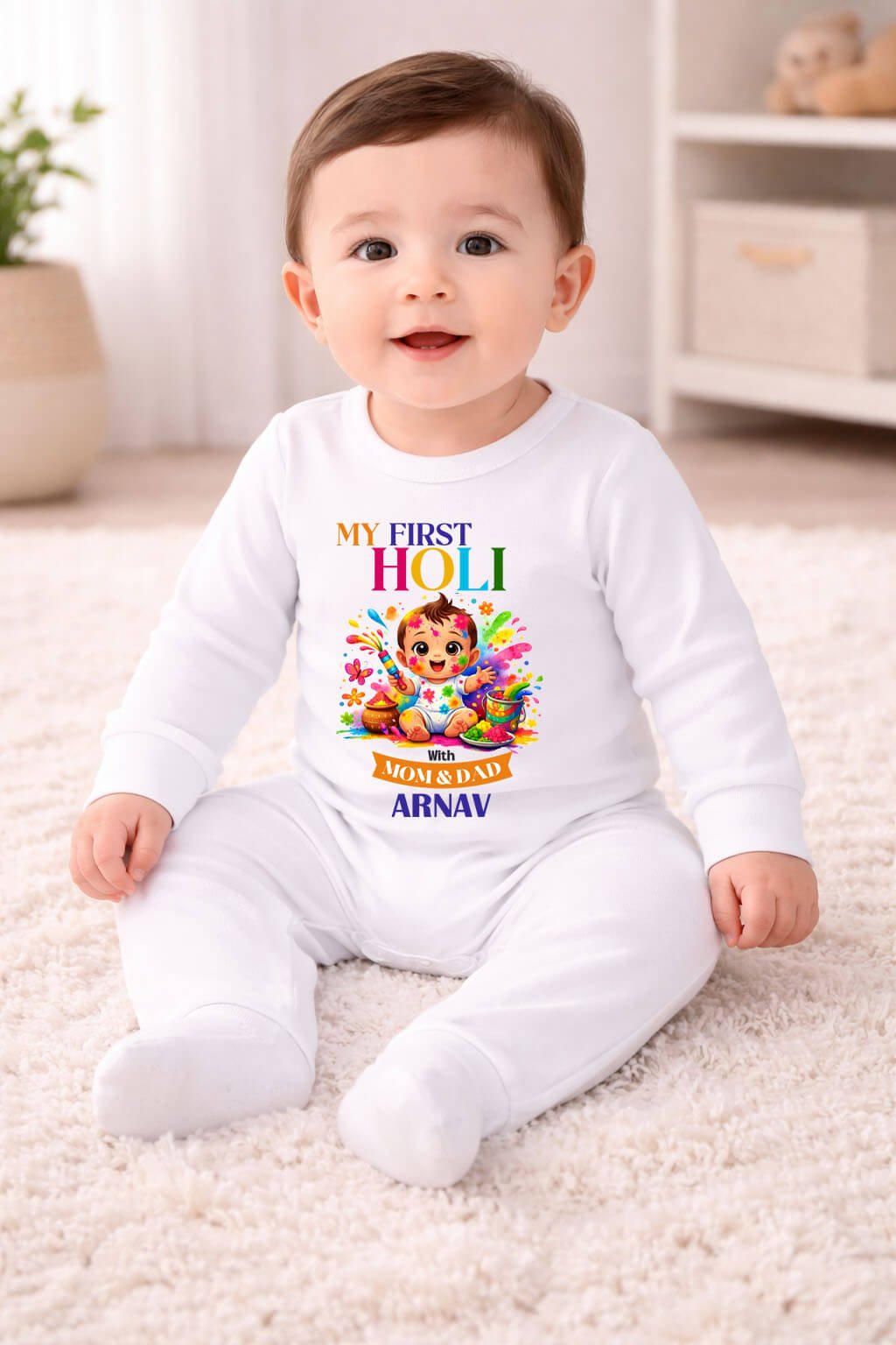 First Holi With Mom And Dad Printed Baby Jumpsuit