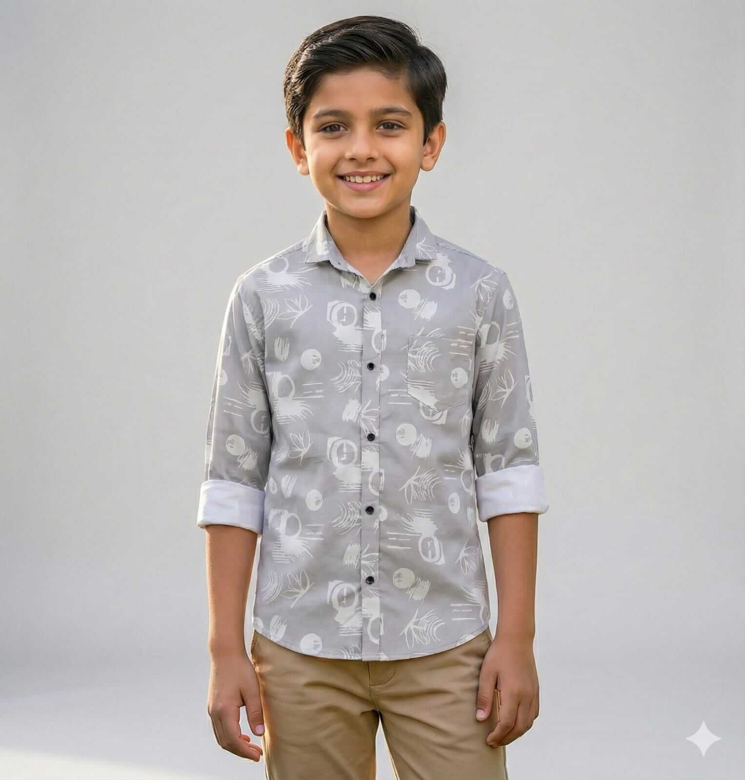Boys Grey Abstract Print Cotton Shirt, Kids Casual Shirt Outfit