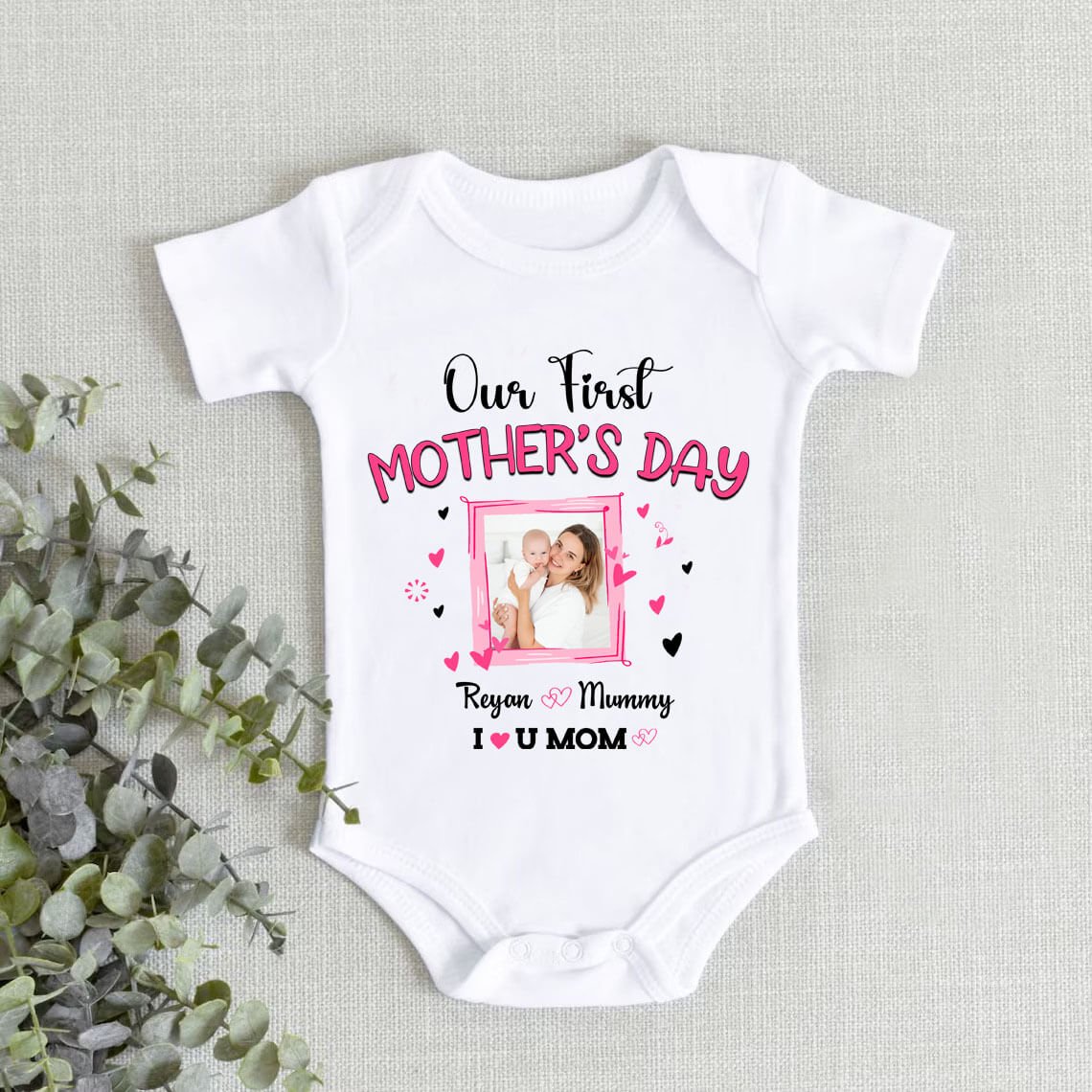 Happy First Mother’s Day Onesie with baby picture and name online