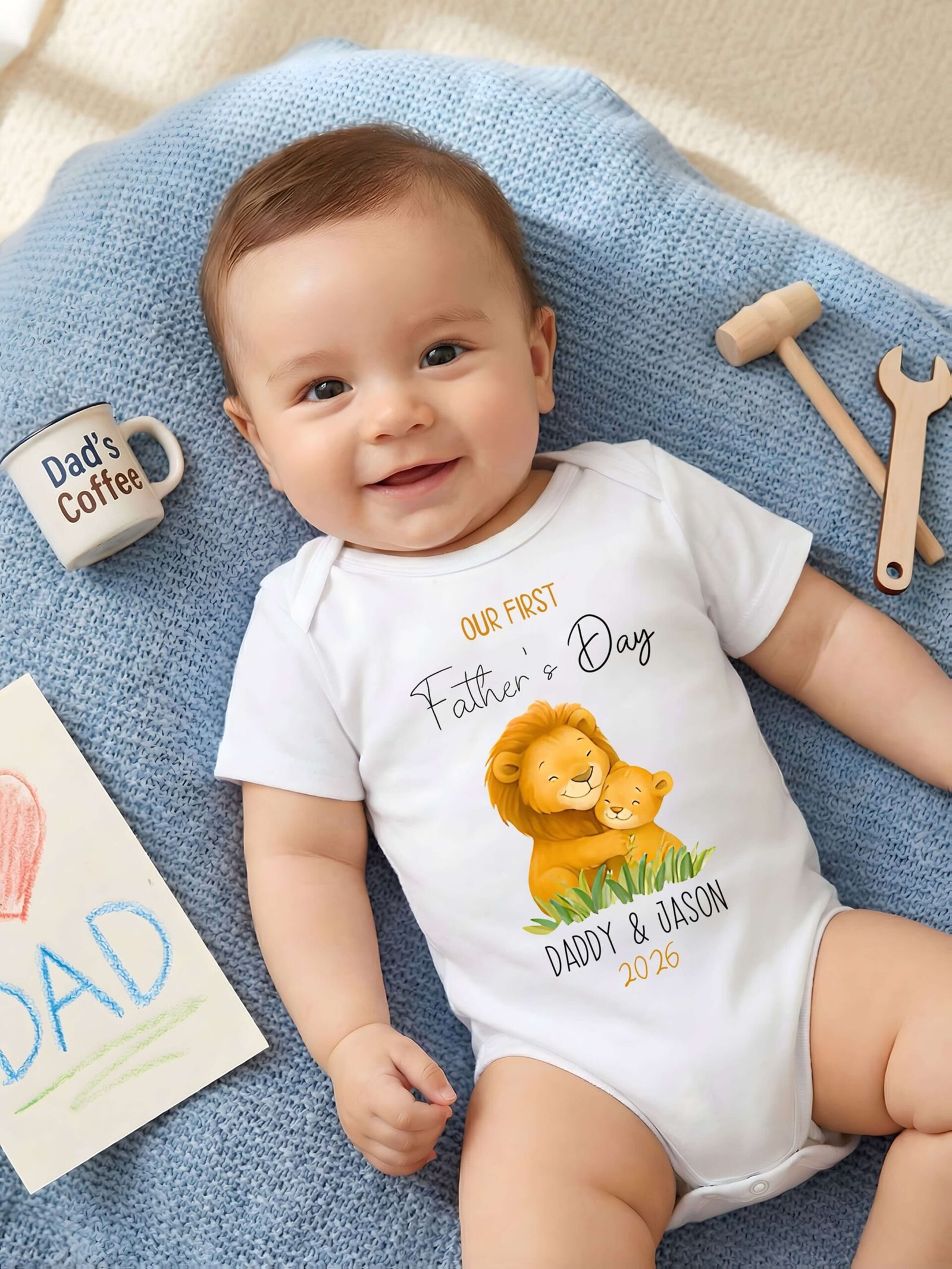 Personalized First Father's Day Lion Onesie, Baby Bodysuit Gift