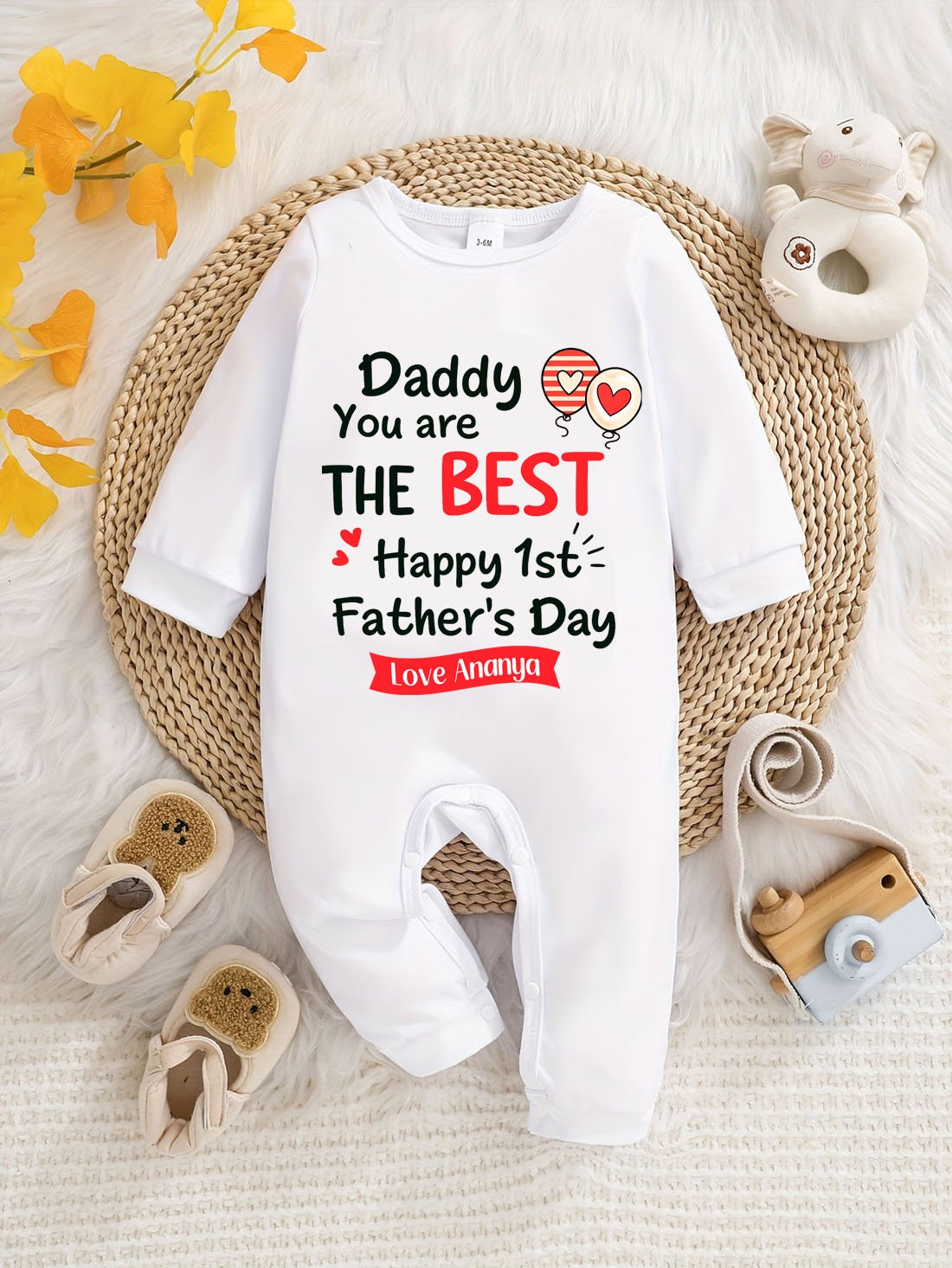 Personalised Name Our First Father's Day Baby Jumpsuit