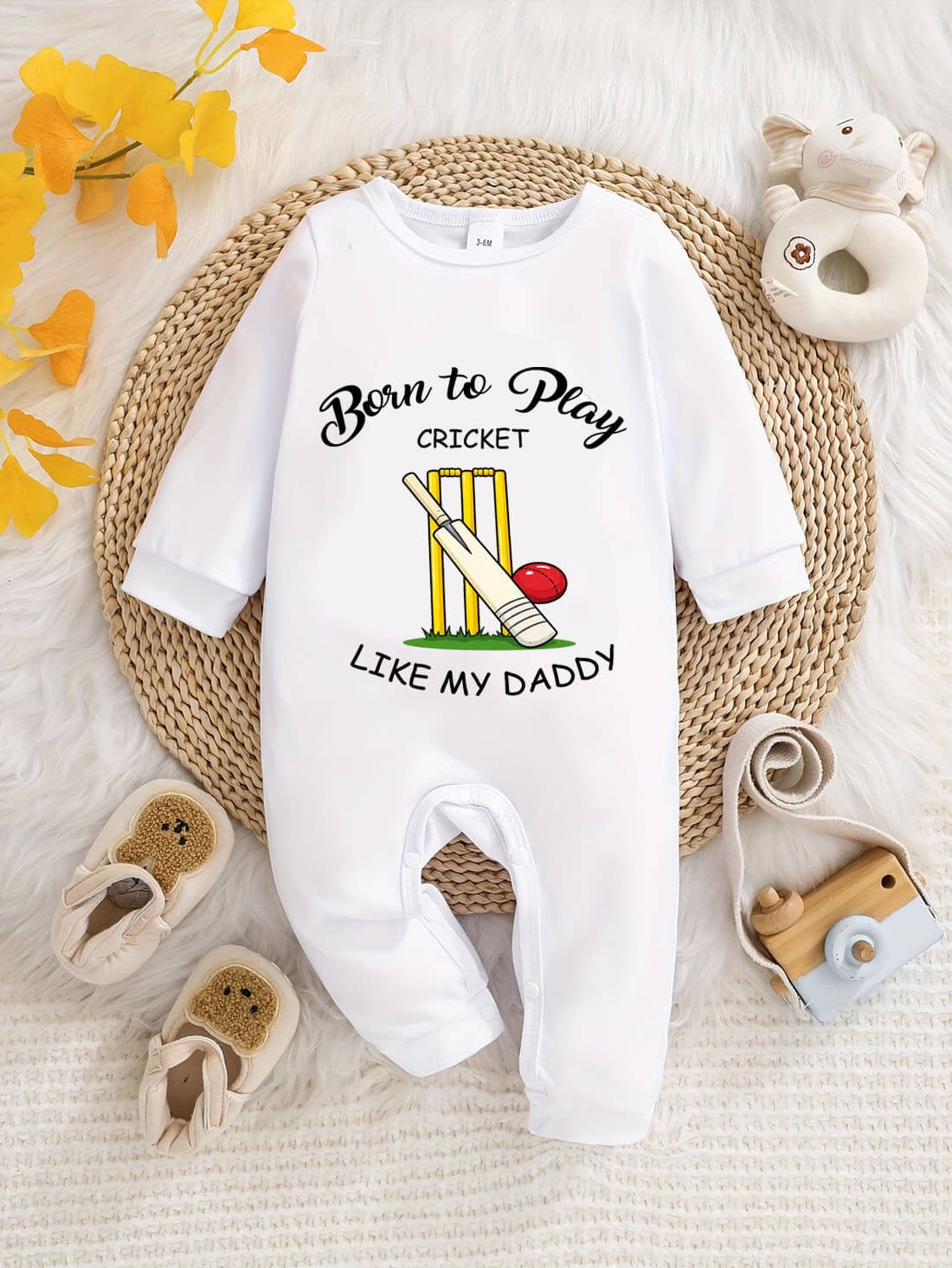 Born To Play Cricket Newborn Baby Jumpsuit, First Cricket Baby Boy Girl Onesie