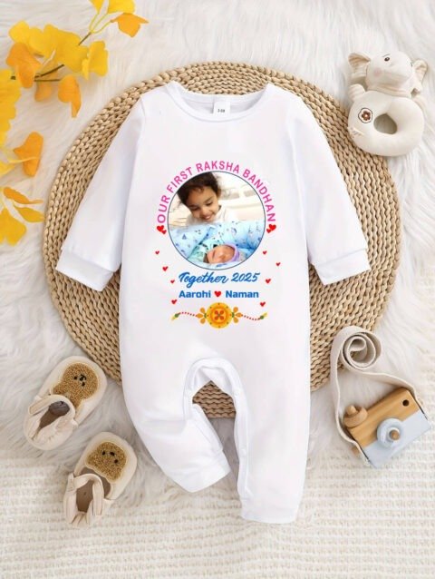 Our First Rakhi Together Customized Photo Jumpsuit , Rakhi Baby Gift