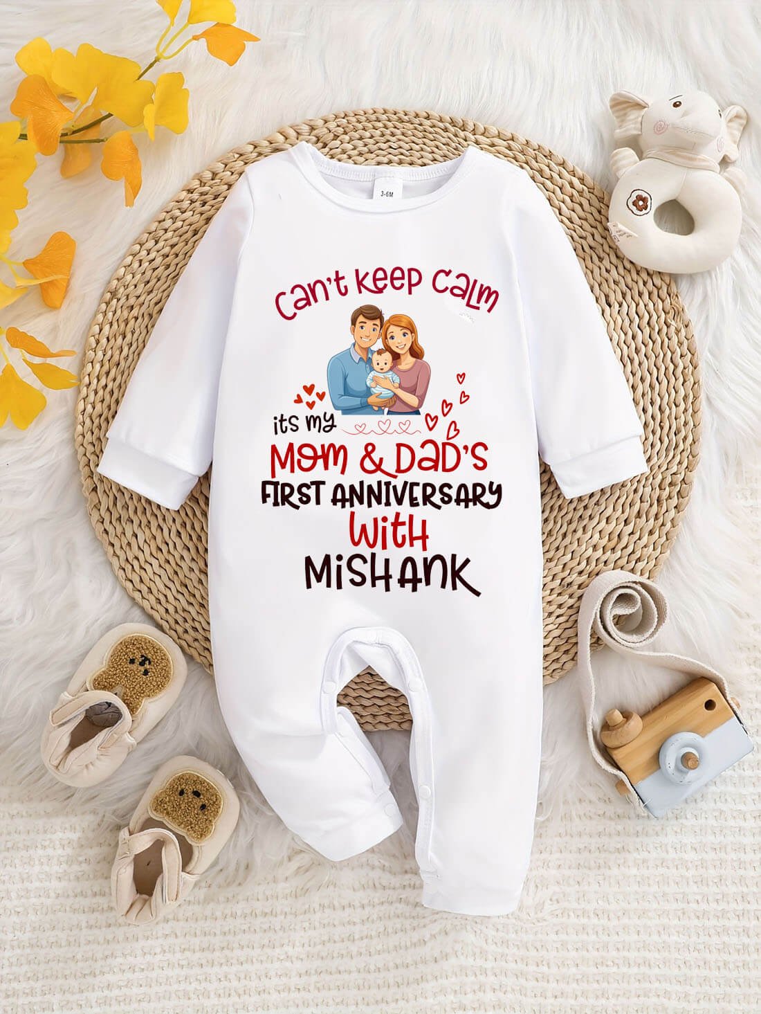 Can’t Keep Calm Mom Dad First Anniversary Baby Onesie - Image 2