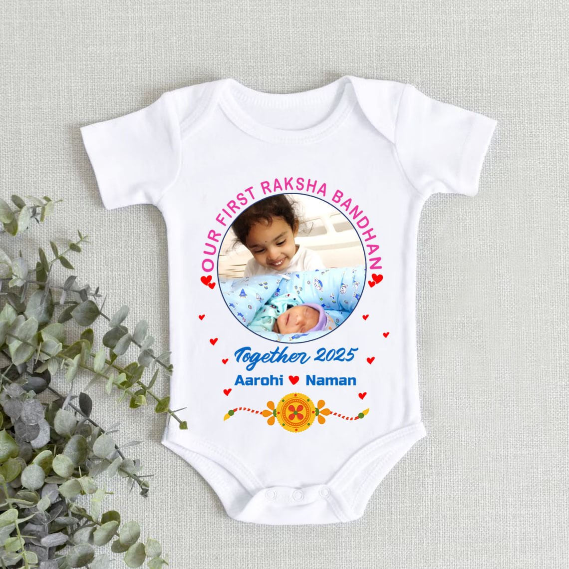 Customize First Rakhi Onesie Outfit with Name and Photo Print