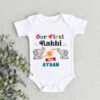 Cute Elephant Print Our First Rakhi Personalized Onesie, Bodusuit, Romper
