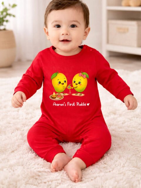 Personalized First Rakhi Red Baby Jumpsuit, Mango Theme Baby Outfit Gift