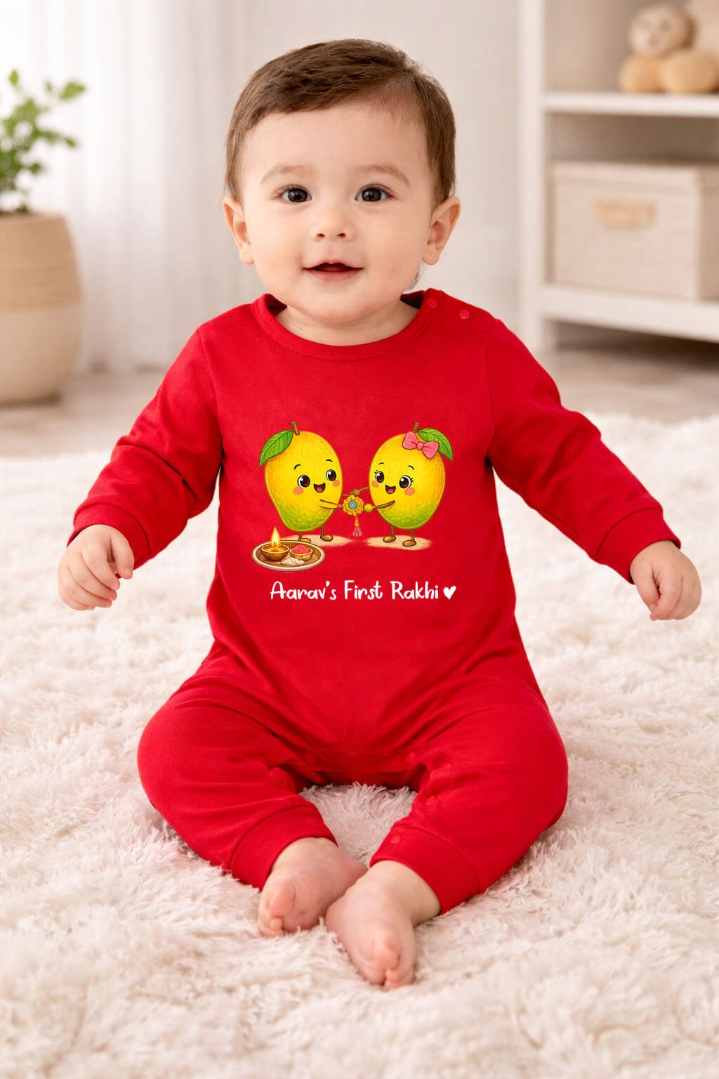 Personalized First Rakhi Red Baby Jumpsuit, Mango Theme Baby Outfit Gift