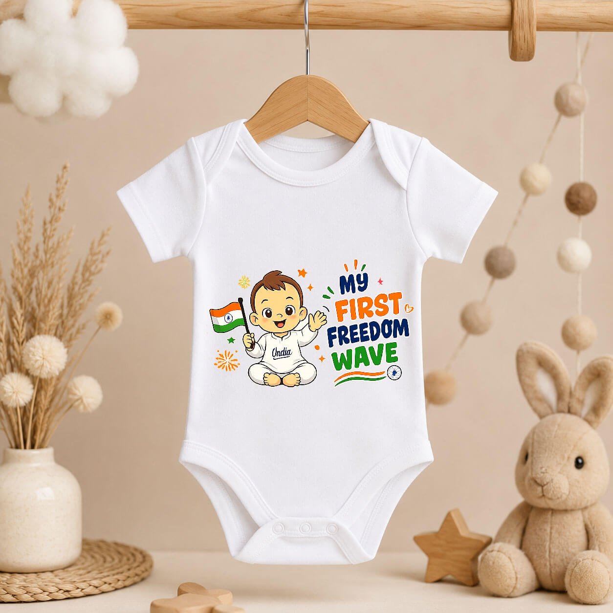 My First Freedom Wave Onesie for Baby, Personalized Independence Day Cotton Bodysuit