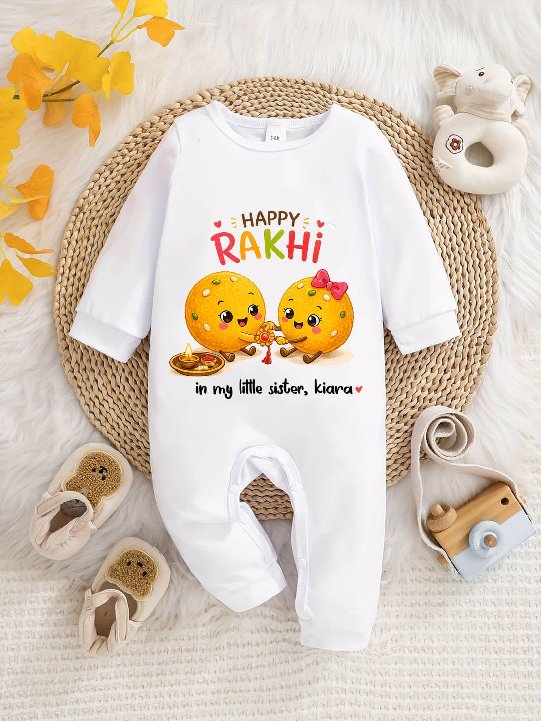 Happy Rakhi Personalized Baby Jumpsuit with Name for Little Sister