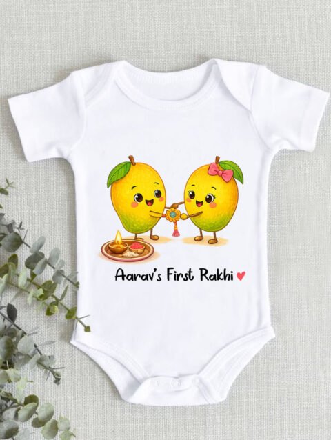 Custom Rakhi Baby Onesie, Cute Mango First Rakhi Dress, Infant Festival Outfit