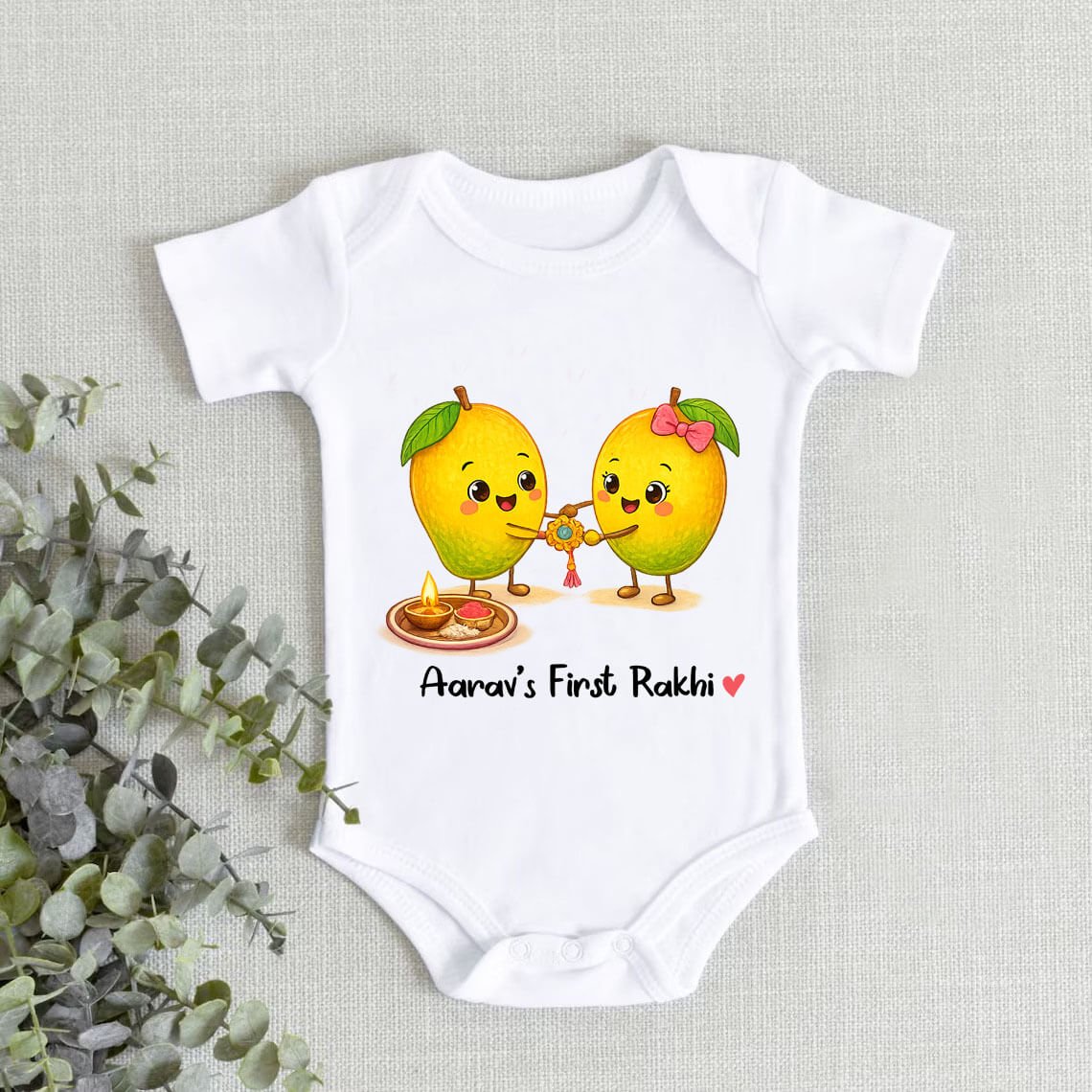 Custom Rakhi Baby Onesie, Cute Mango First Rakhi Dress, Infant Festival Outfit