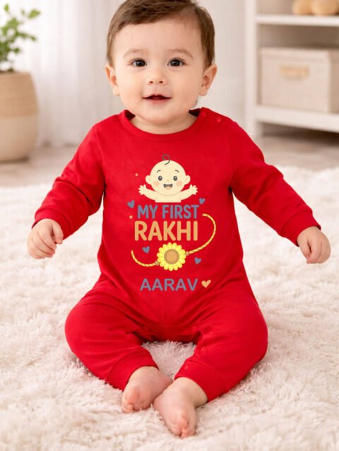 First Rakhi Gift Personalized Red Baby Clothes with Cute Design