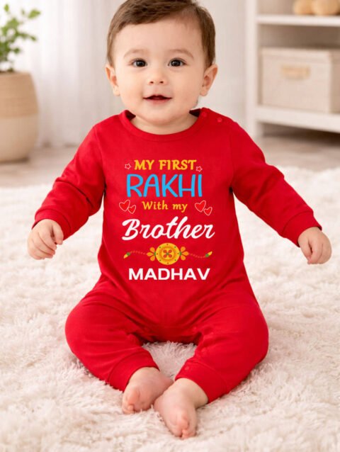My First Raksha Bandhan Custom Red Baby Jumpsuit with Personalized Name
