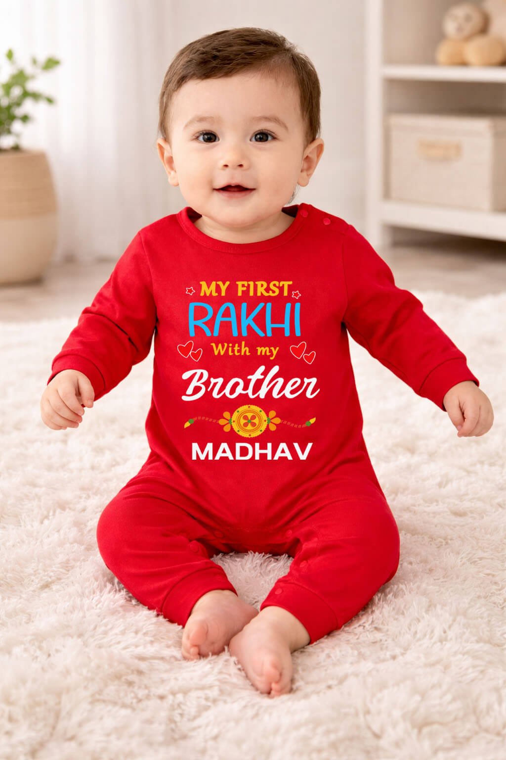 My First Raksha Bandhan Custom Red Baby Jumpsuit with Personalized Name