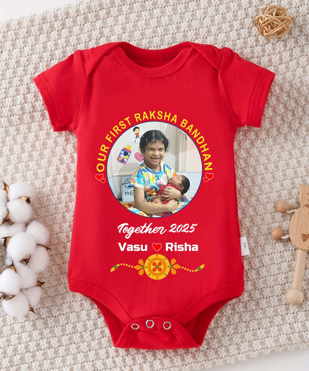 Our First Raksha Bandhan Customised Name Baby Romper onesie