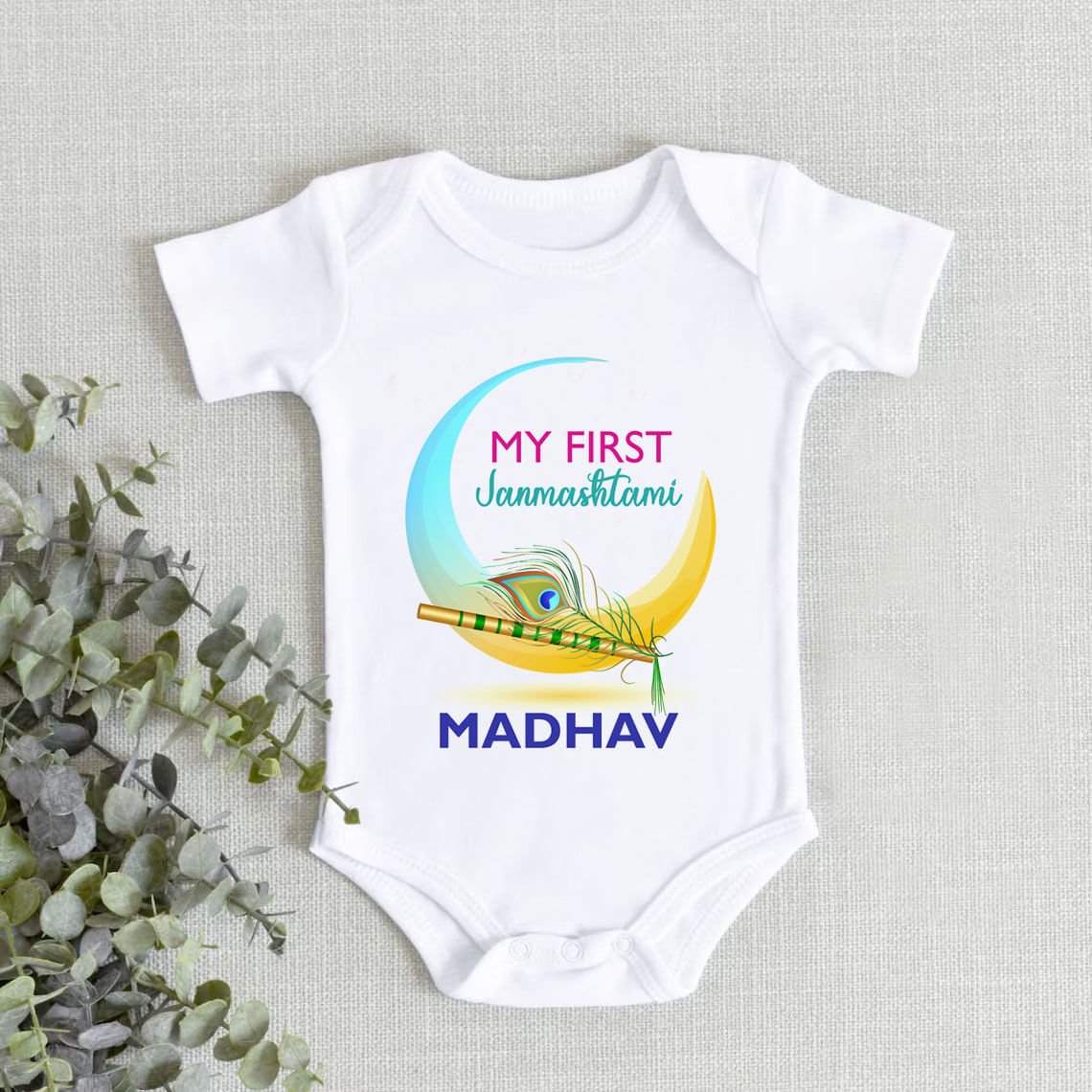 First Janmashtami Baby Name White Onesie T-Shirt – Personalized Krishna Outfit