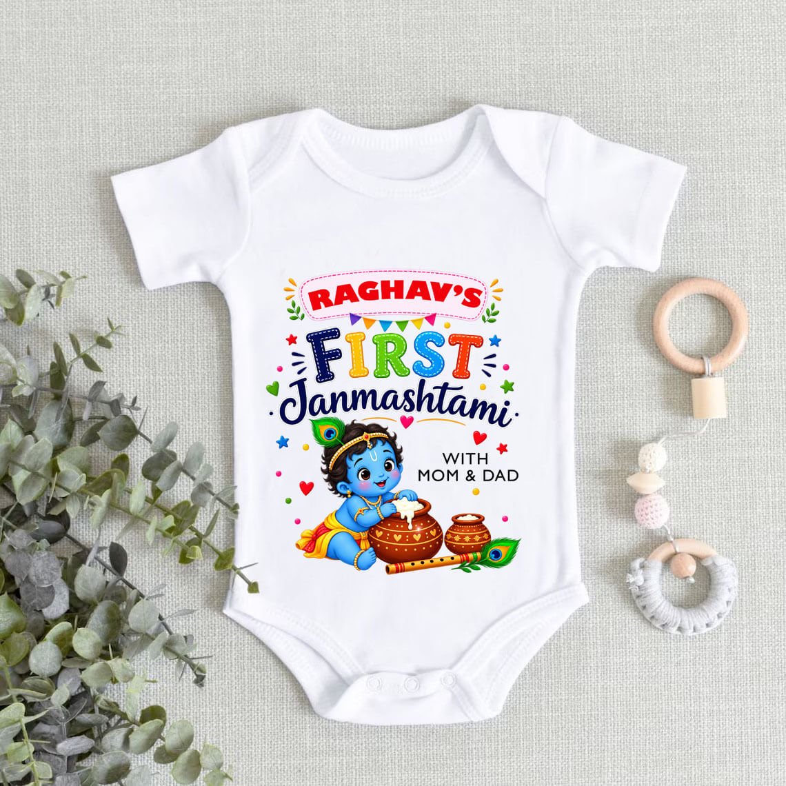 First Janmashtami with Mom & Dad Baby Onesie, Romper