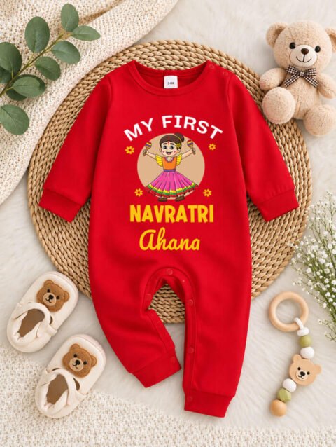 First Navratri Baby Jumpsuit Red, Navratri Gift for Baby Cotton Outfit