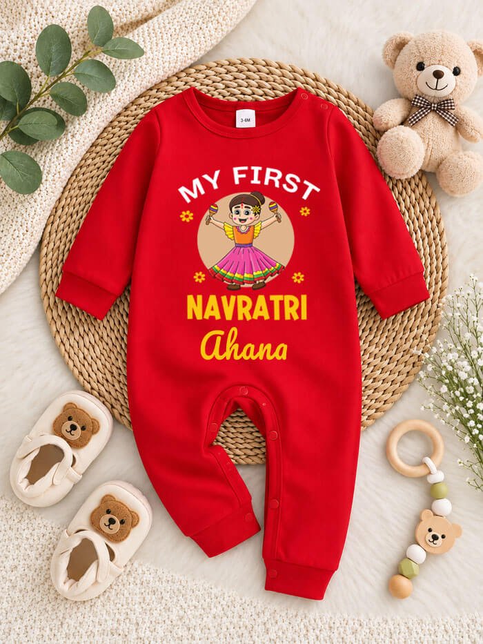 First Navratri Baby Jumpsuit Red, Navratri Gift for Baby Cotton Outfit