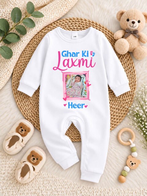 Ghar Ki Laxmi Personalized Baby Photo Jumpsuit, Cotton Full Sleeve Navratri Outfit