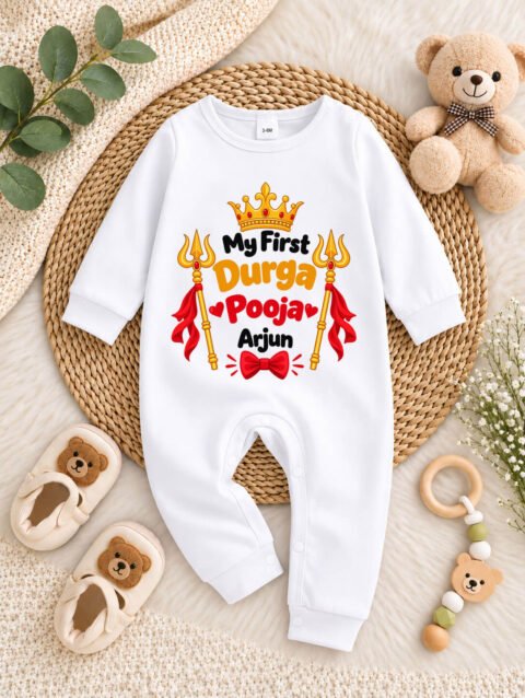 My First Durga Puja Printed Jumpsuit with Name, Personalized Baby Navratri Outfit