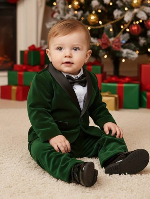 Boys green velvet shawl lapel tuxedo suit with white shirt and bow tie for wedding and party wear