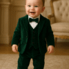 Boys green velvet 5-piece party wear suit set featuring a velvet blazer, vest, black pants, and a white cotton dress shirt