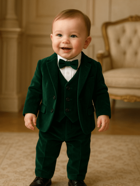 Boys green velvet 5-piece party wear suit set featuring a velvet blazer, vest, black pants, and a white cotton dress shirt