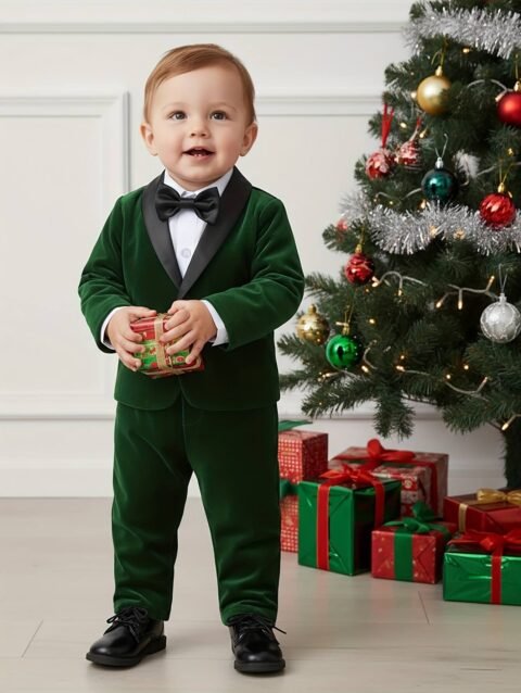 Stylish green velvet suit for boys featuring a single breasted blazer, matching pants and formal white shirt