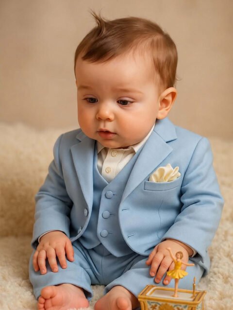 Baby Boy Light Blue Party Wear Suit online India - Birthday, Wedding 5 Piece Outfit Set