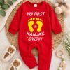 My First Kanjak Baby Jumpsuit with Name, Red Navratri Outfit, Full Sleeve Romper