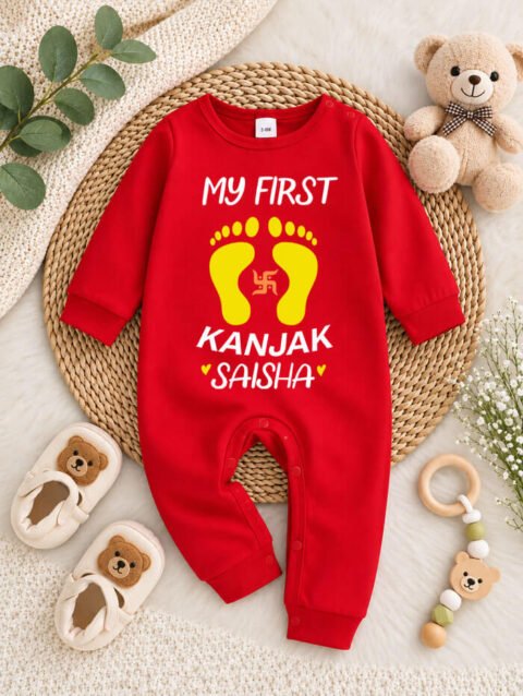 My First Kanjak Baby Jumpsuit with Name, Red Navratri Outfit, Full Sleeve Romper