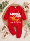 Red My First Durga Puja Baby Jumpsuit with Mom Dad, Newborn Navratri Outfit