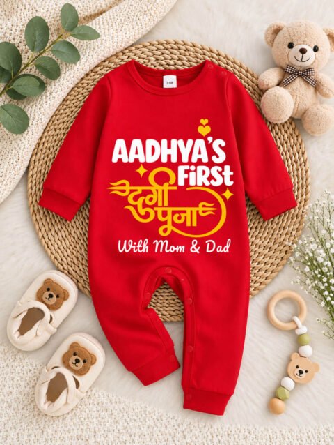 Red My First Durga Puja Baby Jumpsuit with Mom Dad, Newborn Navratri Outfit