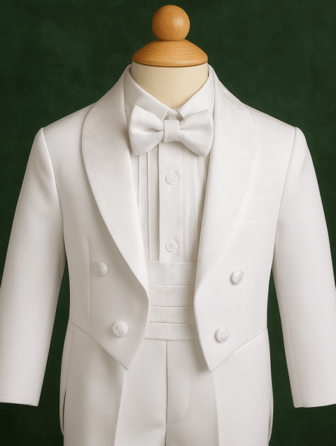 Boys white tailcoat tuxedo suit with cotton shirt and bow tie, Kids birthday, wedding Outfit