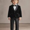 Boys black velvet party blazer suit with white cotton shirt, pant and bow tie