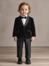 Boys black velvet party blazer suit with white cotton shirt, pant and bow tie