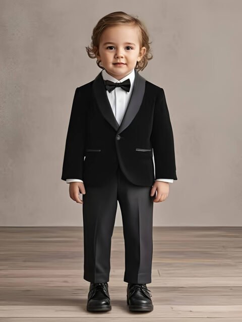 Boys black velvet party blazer suit with white cotton shirt, pant and bow tie