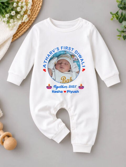 Custom Name & Photo first Diwali Together Baby Jumpsuit Outfit