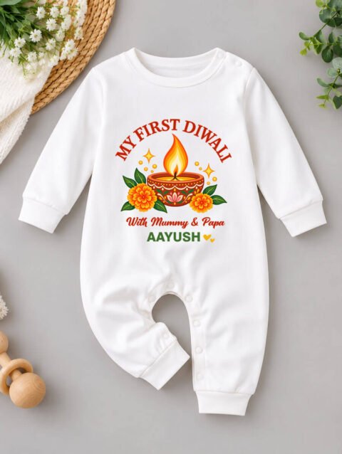 Custom First Diwali Baby Outfit with Mumma & Papa, 1st Diwali Gift