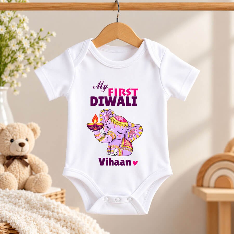 Personalized Baby Elephant First Diwali Bodysuit, Custom 1st Diwali Romper & T-Shirt