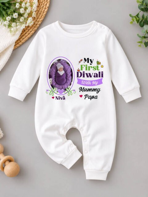 Personalized First Diwali Baby Jumpsuit with Custom Name and Photo