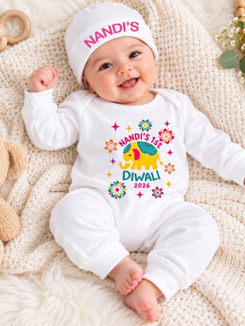 My First Diwali Jumpsuit With Cap Set, Diwali Baby Outfit