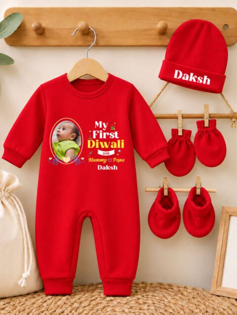 : Personalized First Diwali Baby Jumpsuit Set with Cap, Mittens, Booties