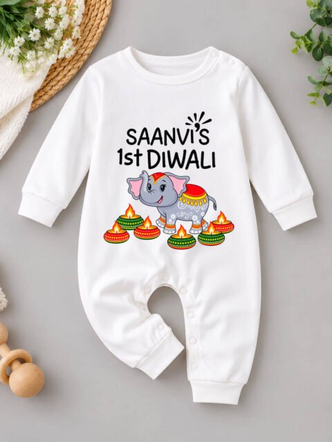 First Diwali Jumpsuit Outfit with Cute Elephant and Diya Design