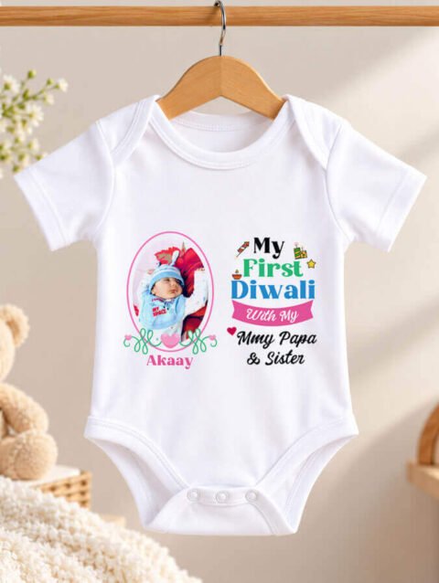 First Diwali Baby Bodysuit with Photo, Personalized Name Outfit