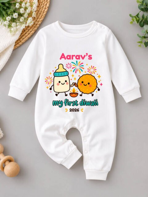 Personalized My First Diwali Baby Jumpsuit in 100% Cotton with Custom Name