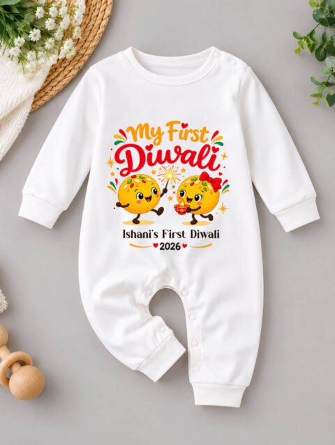 My First Diwali Baby Outfit, Personalized Name Jumpsuit with Cute Diwali Design